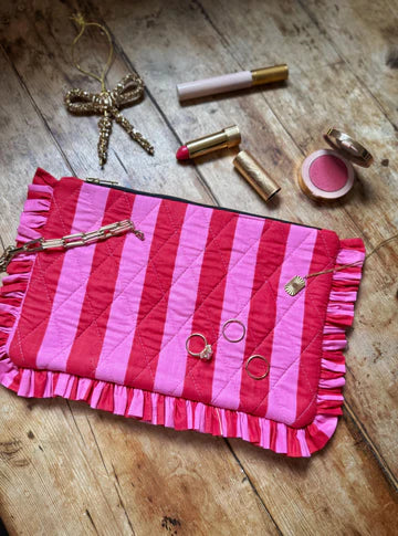 Ruffle Clutch - Pink & Red Stripe