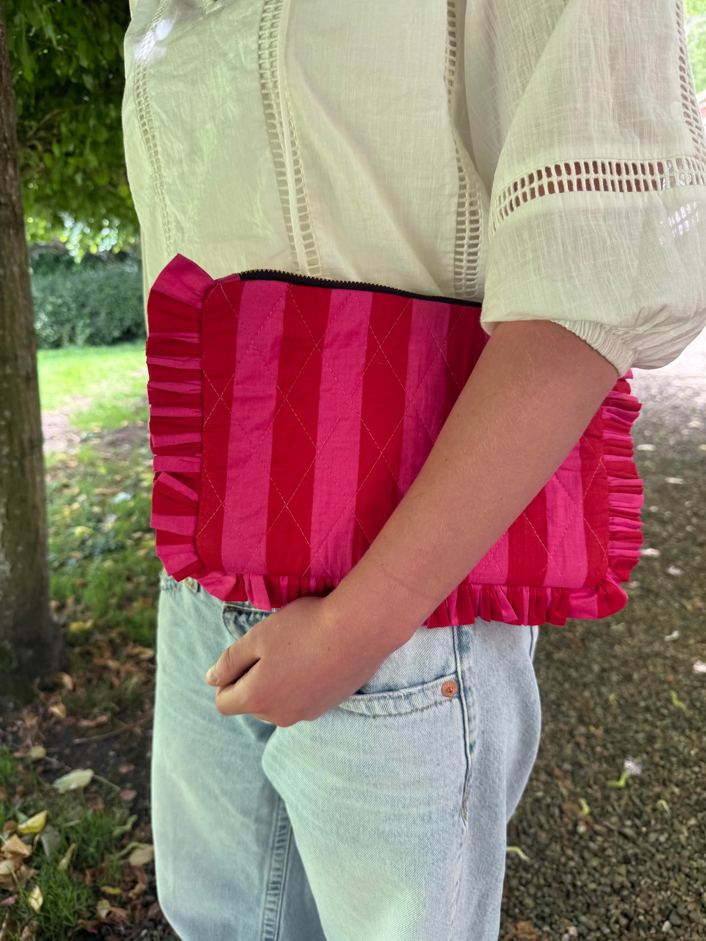 Ruffle Clutch - Pink & Red Stripe