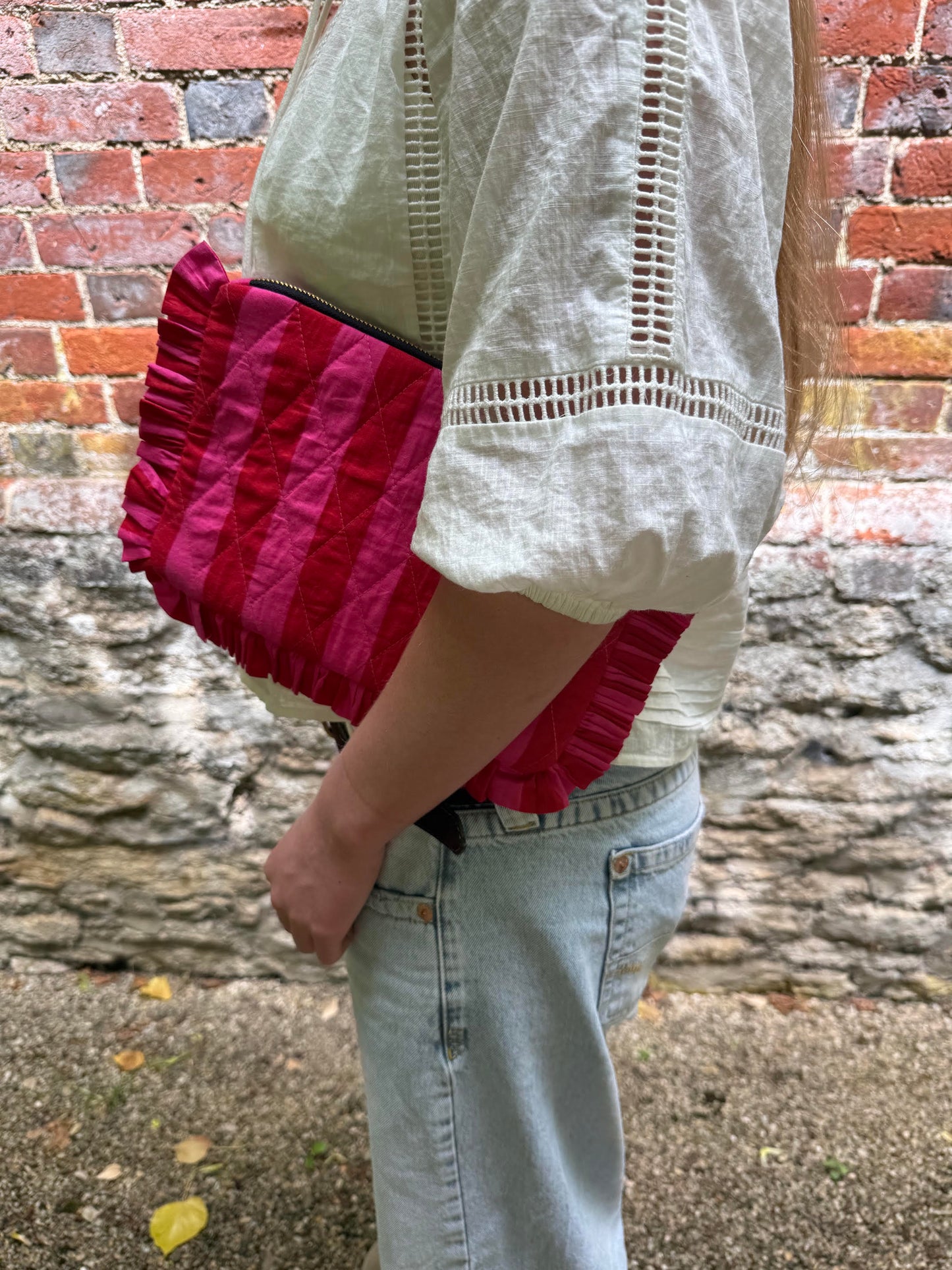 Ruffle Clutch - Pink & Red Stripe